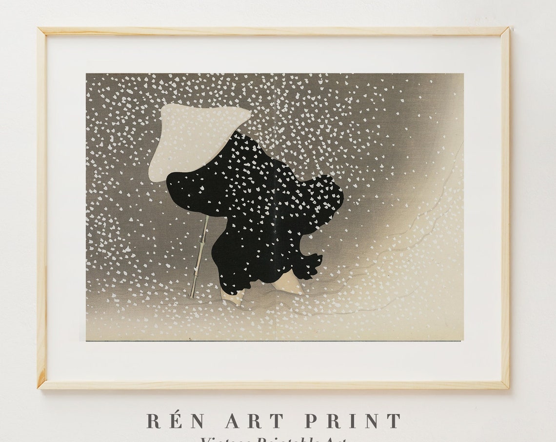 Serene Japanese Woodblock Figure in Falling Snow Vintage Wall Art