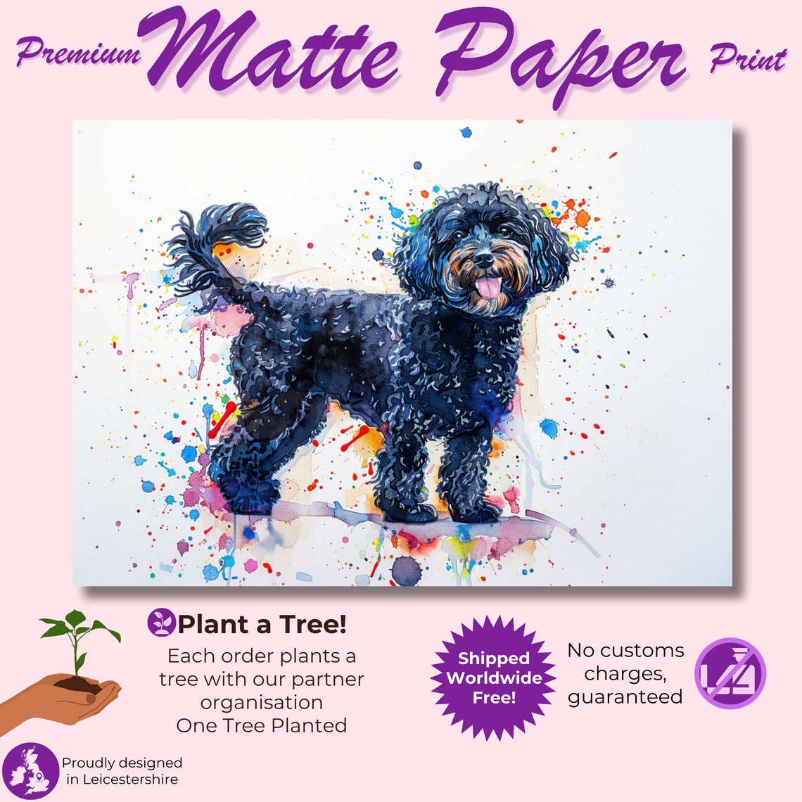 Black Cockapoo Standing Portrait Colourful Paint Splash Art Poster - Image 3