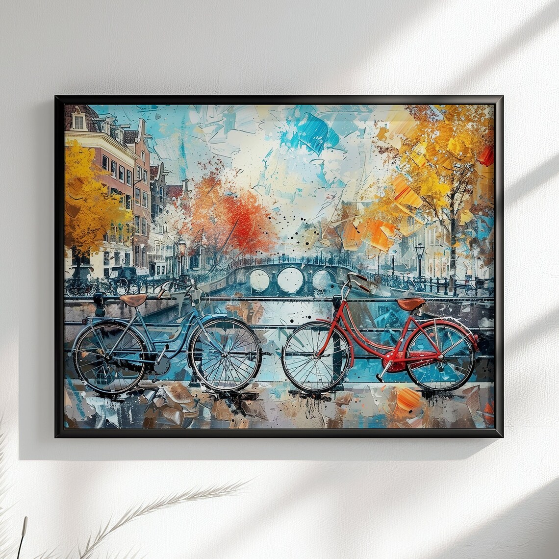 Amsterdam Canal Bridge Bicycles Fall Colors Cityscape Art Poster