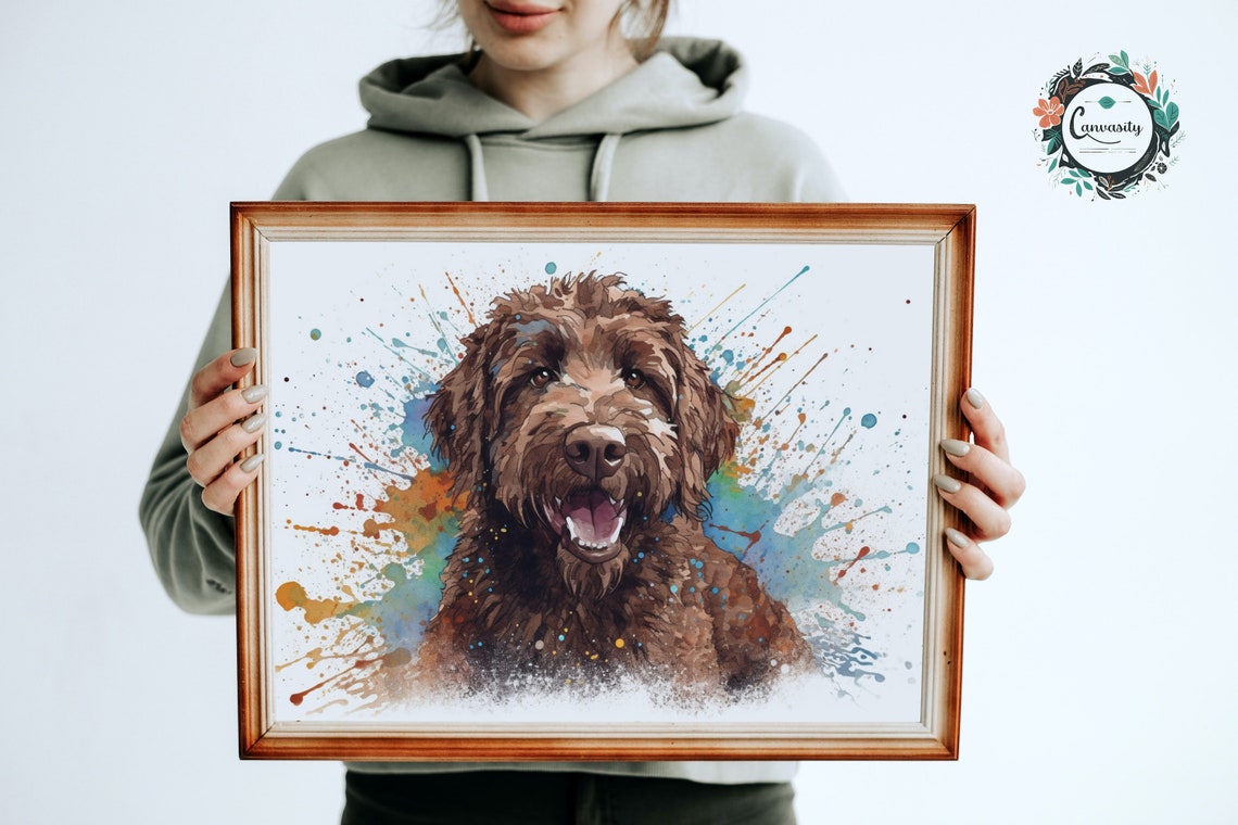 Chocolate Doodle Dog Watercolor Portrait Happy Puppy Splash Art Poster - Image 3