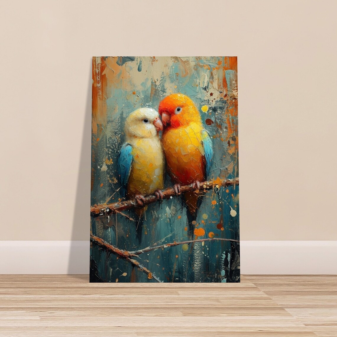 Lovebirds Pair on Branch Oil Painting Style Romantic Bird Art Poster - Image 3