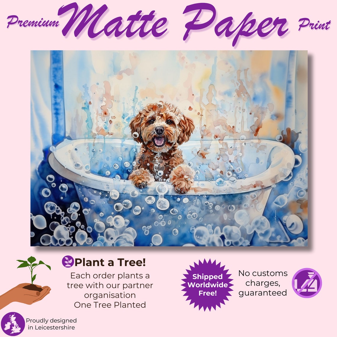 Brown Cockapoo Puppy Blue Bubble Bath Watercolour Dog Art Poster - Image 3