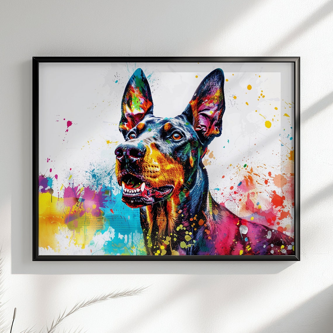 Dobermann Looking Up Pop Art Portrait Neon Splash Dog Poster