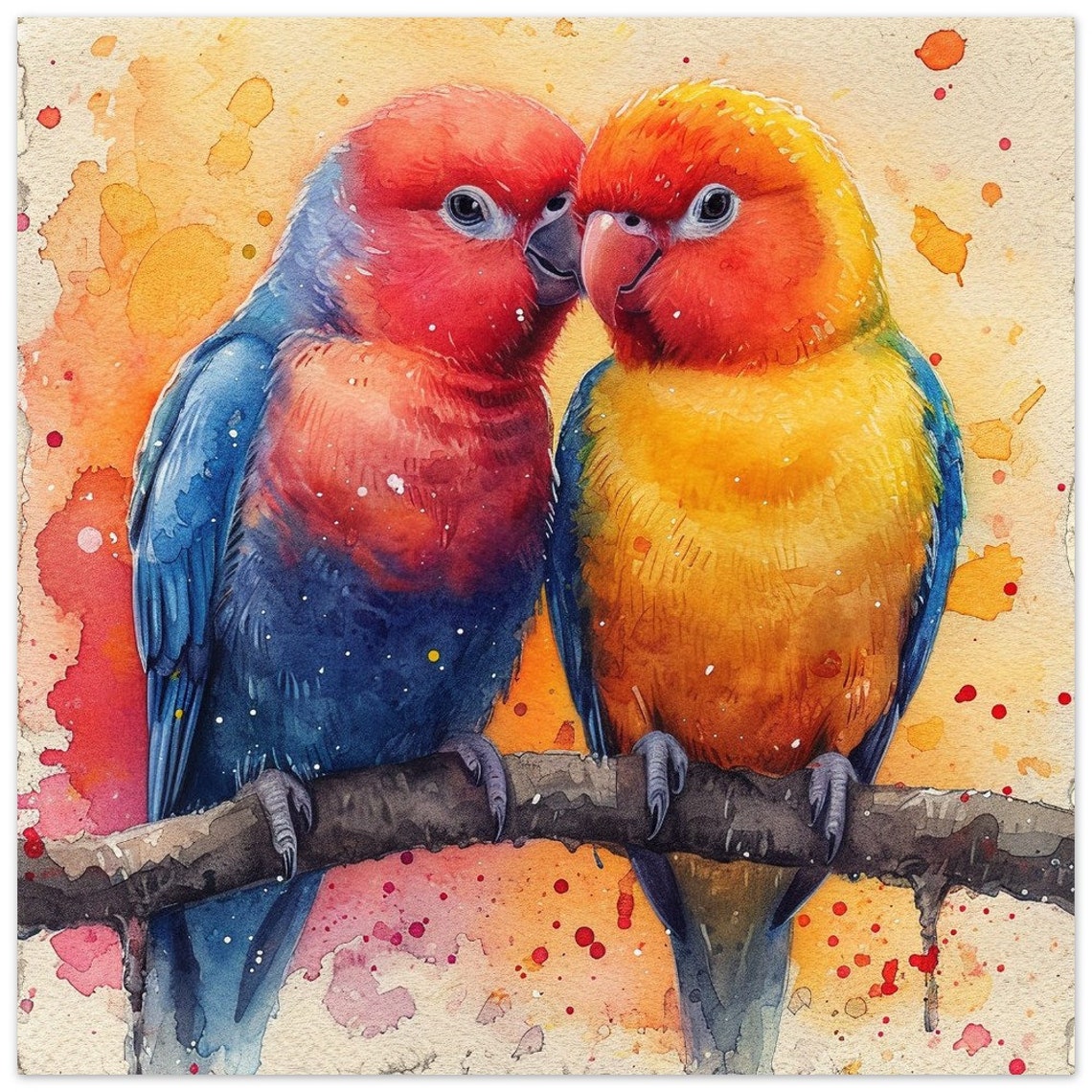Two Lovebirds Watercolor Parrots on Branch Romantic Bird Art Poster