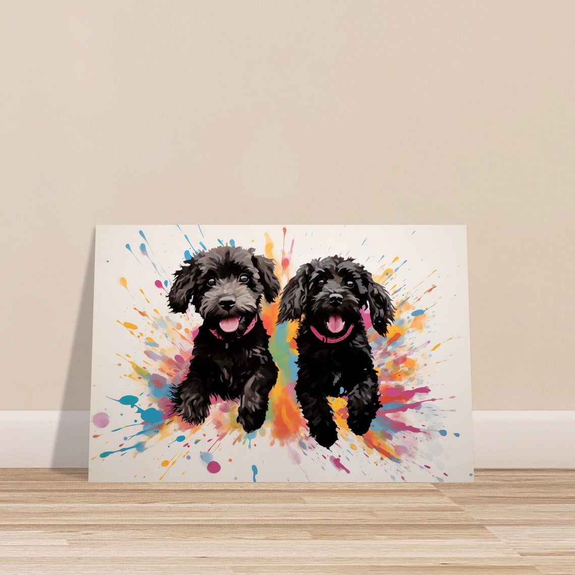 Pair Of Joyful Black Doodle Puppies In Rainbow Paint Splash Art Poster - Image 2