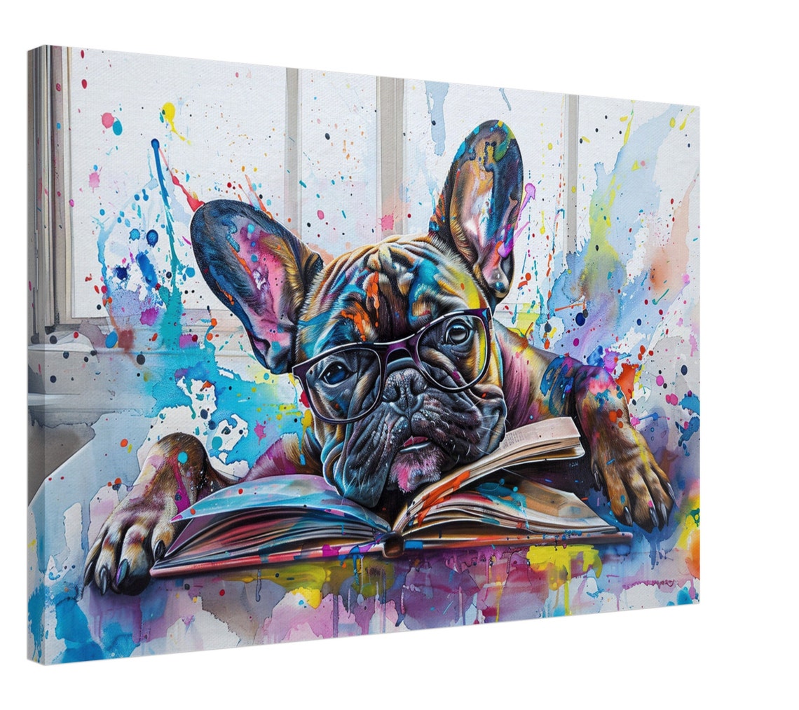 French Bulldog With Glasses Sleeping On Open Book Splash Dog Poster