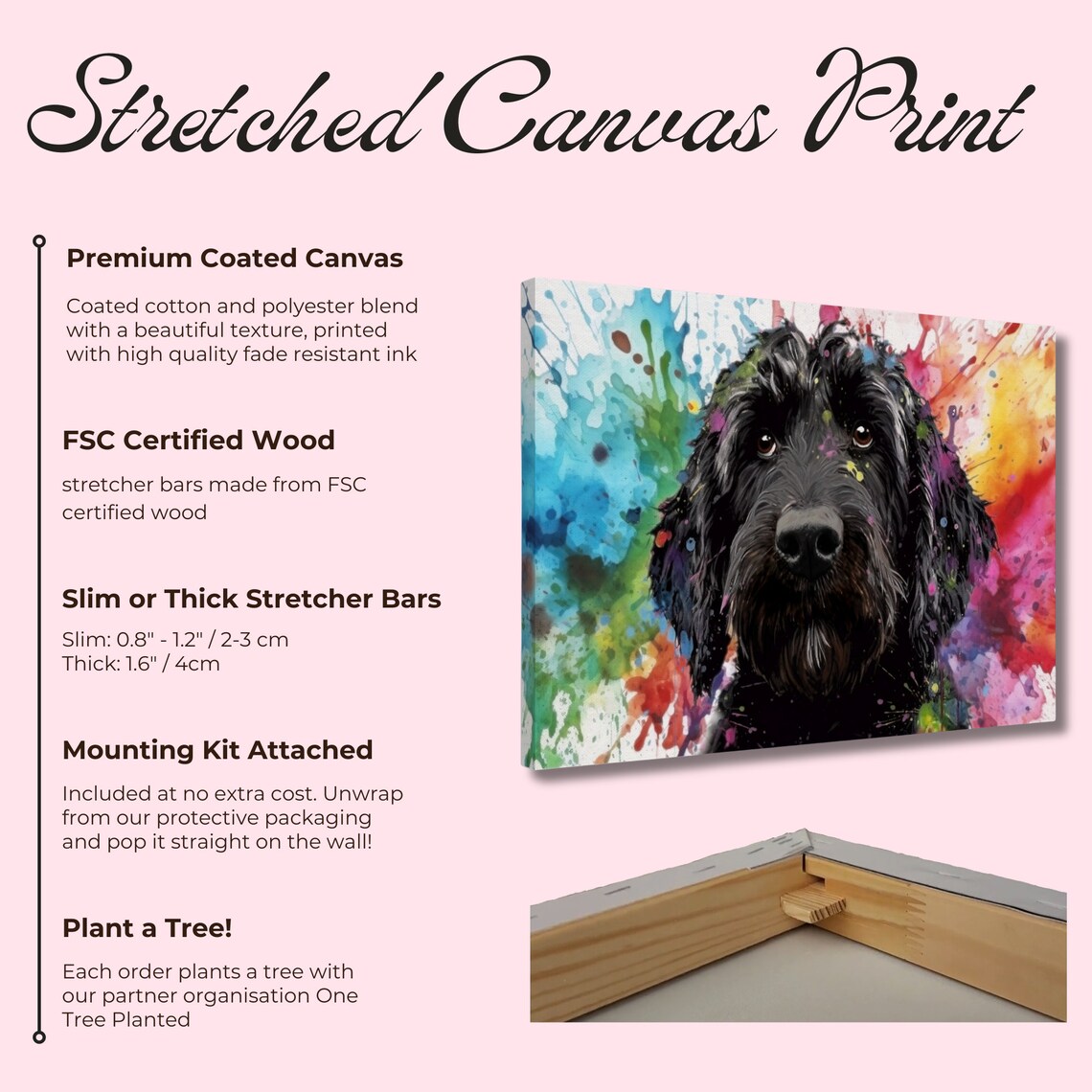 Black Doodle Dog Face Colorful Watercolor Splash Canvas Art Poster - Image 3