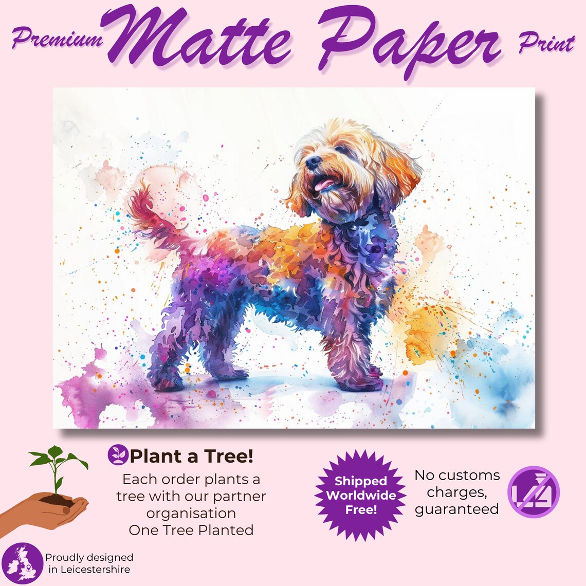 Cute Cockapoo Watercolour Dog Art Print, Colourful Doodle - Image 3