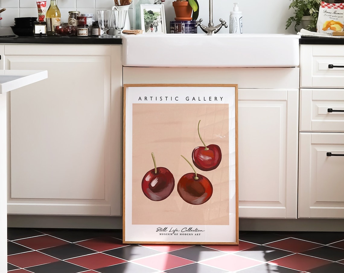 Three Red Cherries Minimalist Still Life Sweet Kitchen Gallery Poster