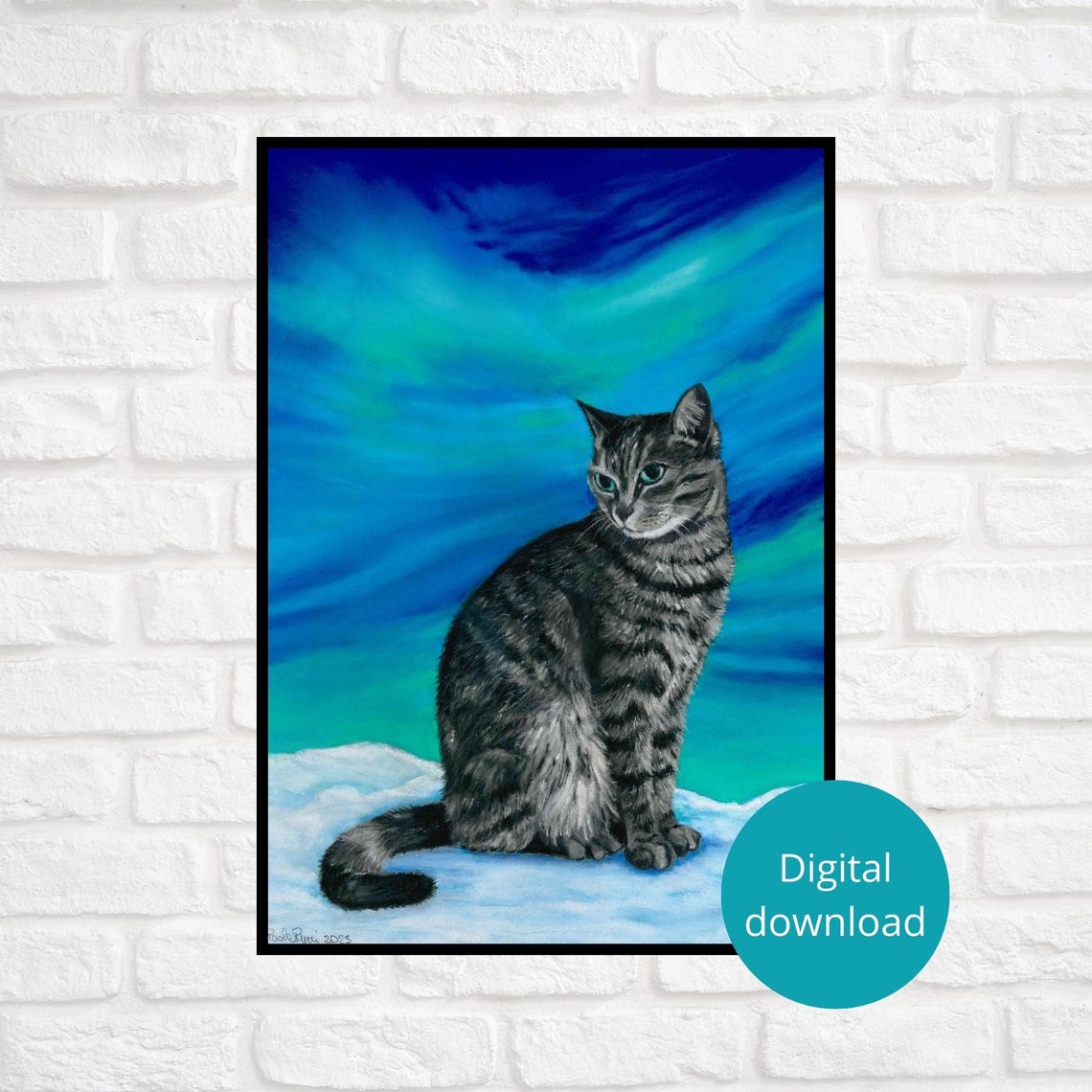 Tabby Cat Sitting in Snow Under a Swirling Teal Night Sky Poster