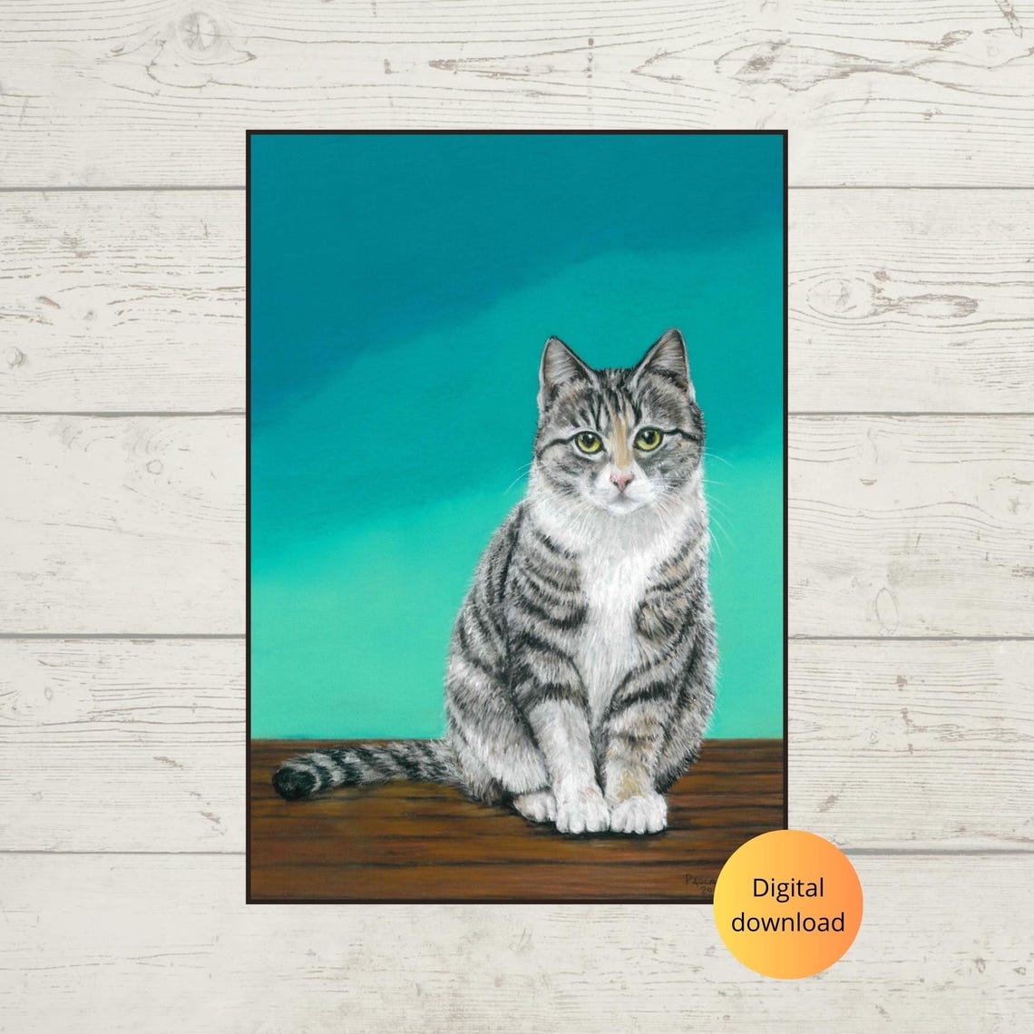 Tabby Cat Front Portrait On Teal Background Realistic Poster