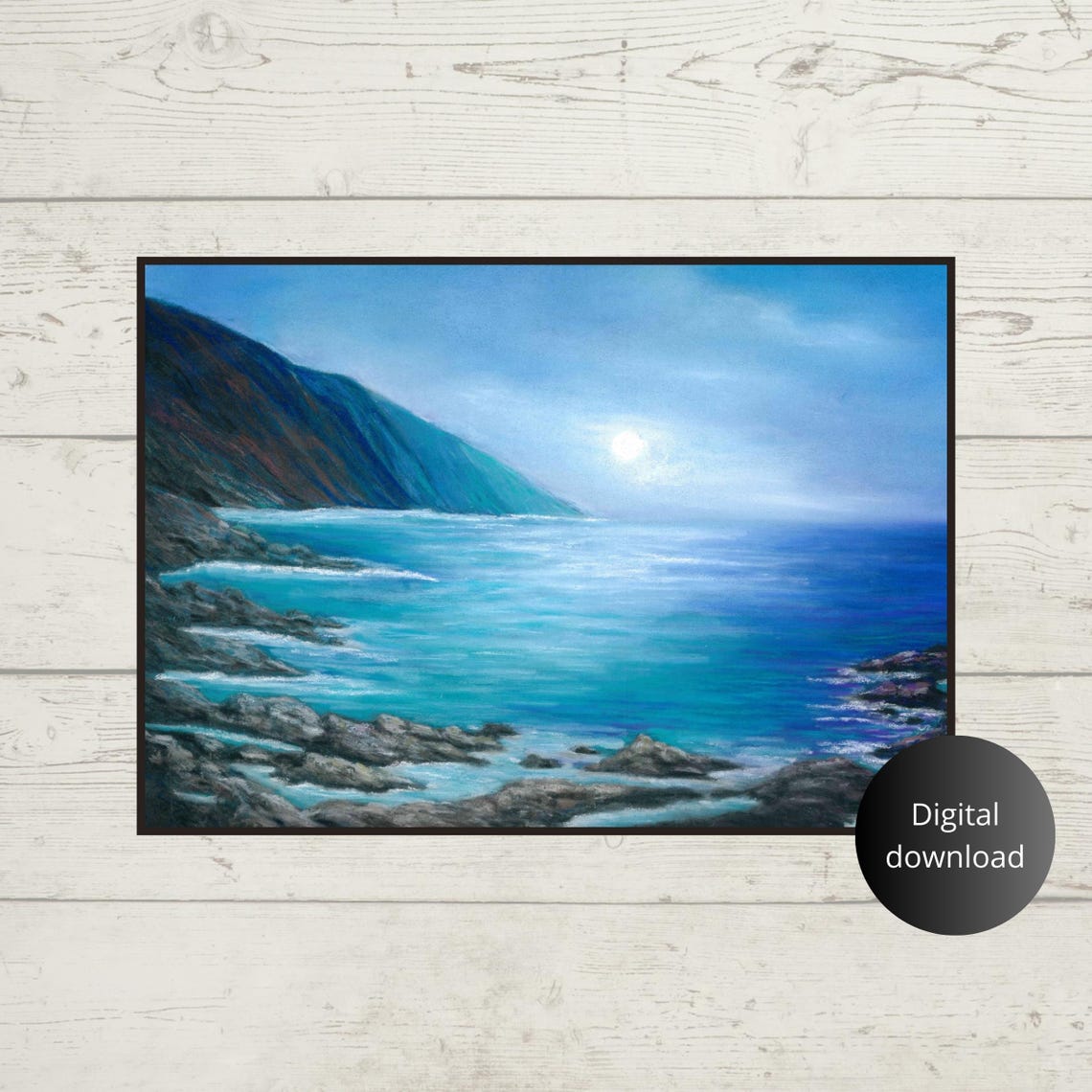 Rocky Coastal Seascape with Moonlight Over the Ocean Poster Art