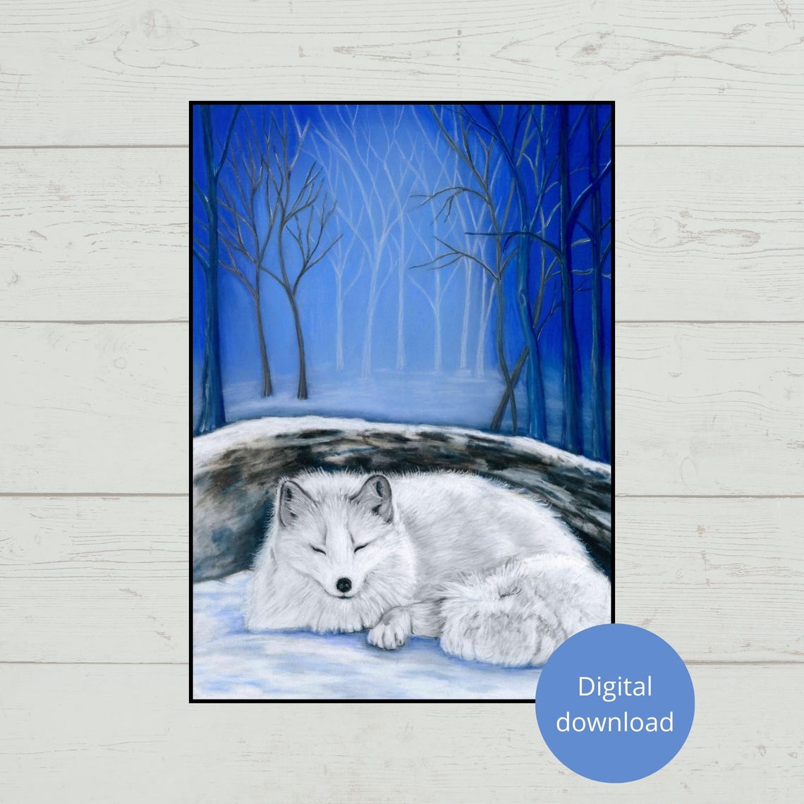 White Fox Sleeping Peacefully in a Snowy Blue Forest Poster Art