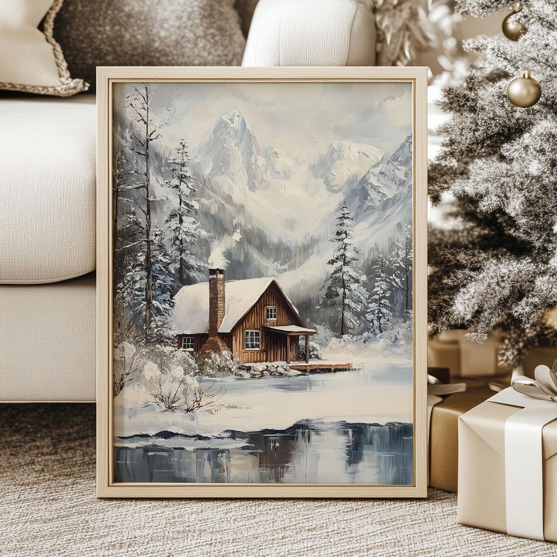 Rustic Log Cabin by Snowy Lake beneath Mountain Peaks Poster