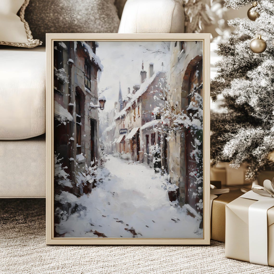 Snowy Christmas Alley Art Print Vintage Holiday Season Wall Decor Winter Wonderland Gallery Dorm Poster Antique English Street Frosty Art