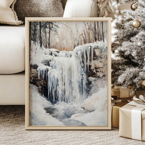 Frozen Forest Lake Print Moody Winter Landscape Art Antique Snowy Scene Poster Holiday Season Cottagecore Decor Rustic Christmas Painting