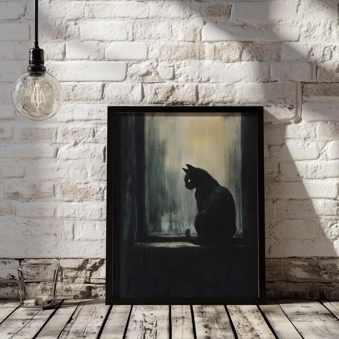 Black Cat at Window Silhouette Dark Moody Halloween Art Poster - Image 2