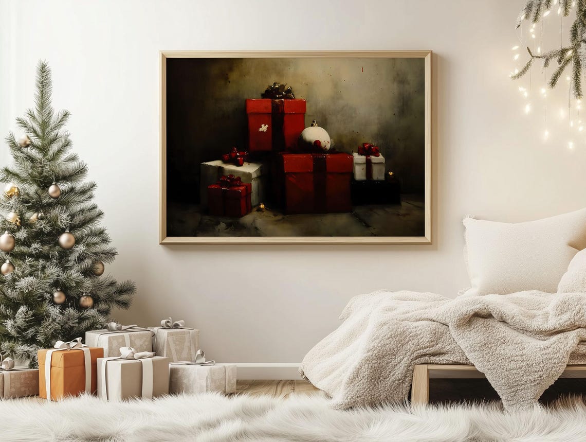 Vintage Christmas Gift Boxes Red and White Holiday Art Poster - Image 2