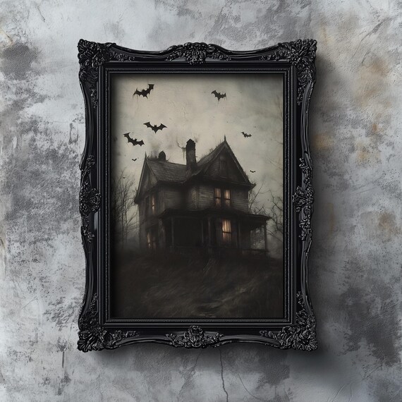Moody Spooky Haunted House at Dusk with Bats Halloween Art Poster