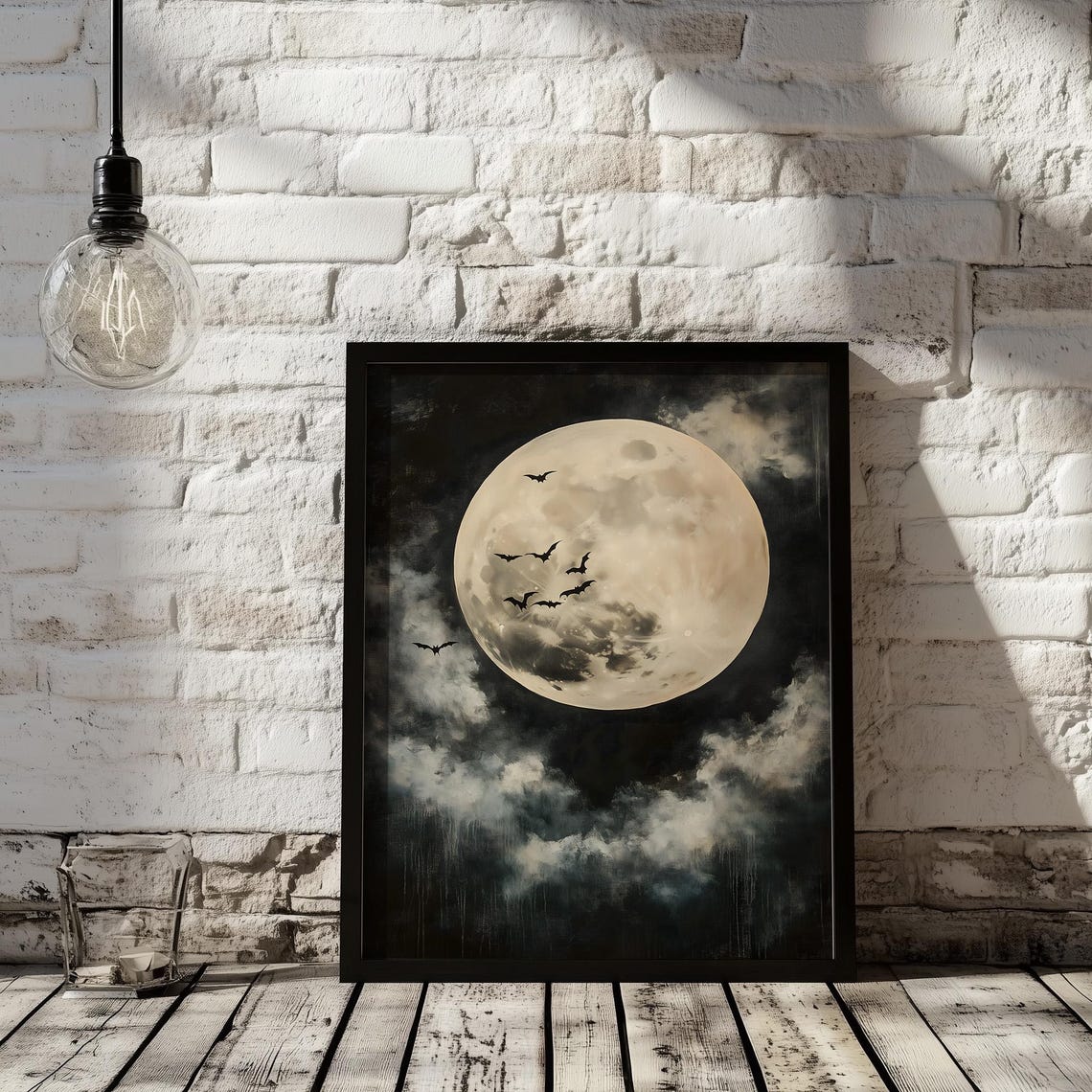 Vintage Dark Full Moon with Bats Spooky Halloween Night Art Poster - Image 2