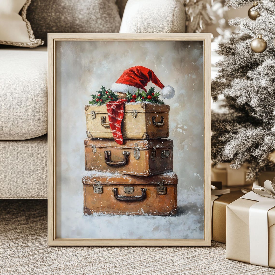 Snowy Vintage Suitcases with Santa Hat Holly Christmas Art Poster