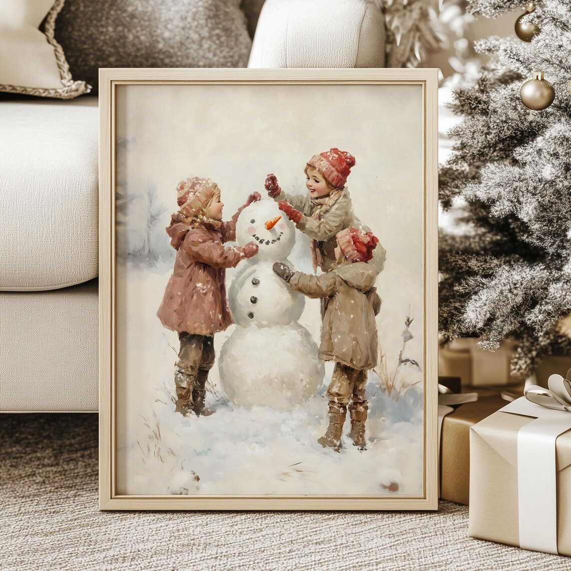 Children Building Snowman Vintage Winter Christmas Art Poster