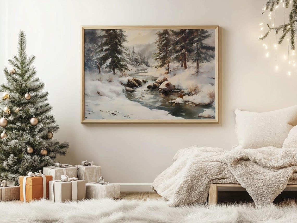 Vintage Winter Stream Through Snowy Forest Landscape Art Poster - Image 2