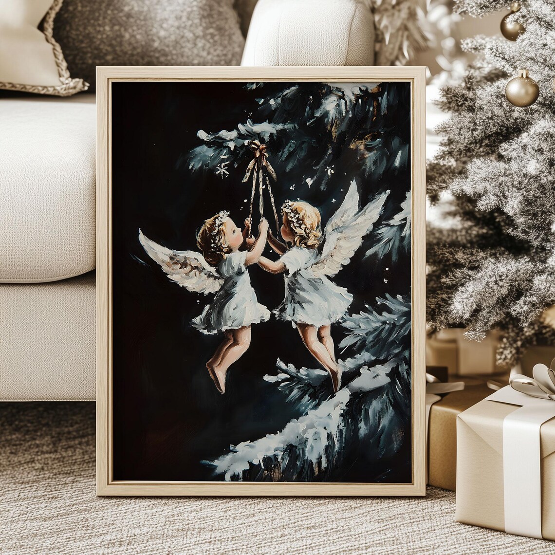 Moody Christmas Angels Ornament Poster Dark Holiday Season Gallery Art White Winter Eve Fantasy Cottageocre Print Snowy Oil Painting