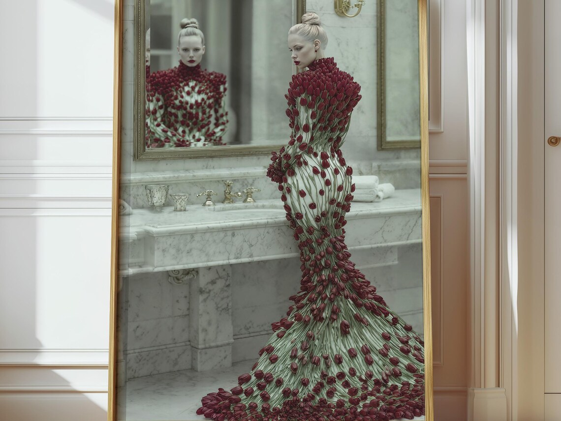 Woman In Red Tulip Gown Mirror Vanity Fashion Art Vintage Style Poster