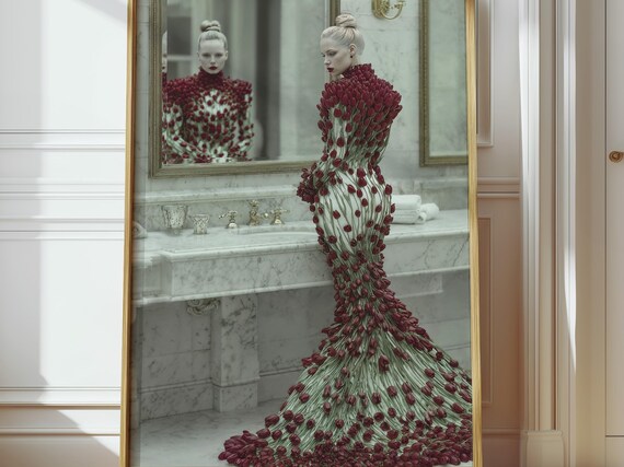 Woman In Red Tulip Gown Mirror Vanity Fashion Art Vintage Style Poster
