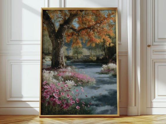 Autumn Oak Tree by the Pond Impressionist Fall Landscape Poster