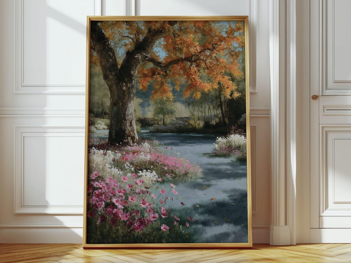 Autumn Oak Tree by the Pond Impressionist Fall Landscape Poster