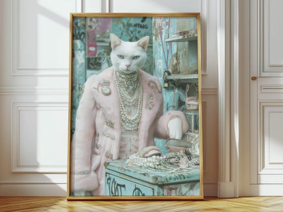 Stylish Cat In Pink Coat Art Print Funny Preppy Wall Decor