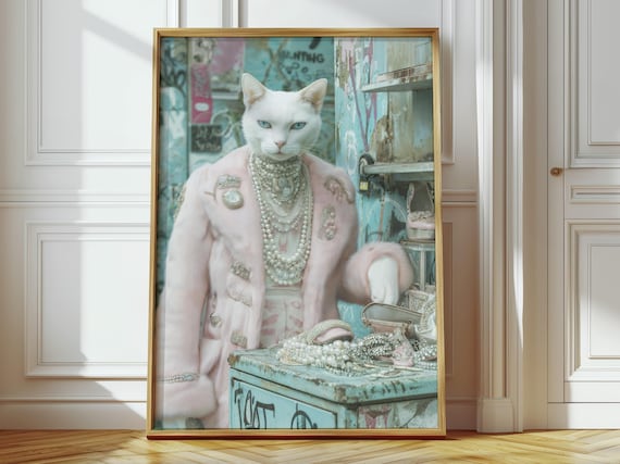 Stylish White Cat in Pink Fur Coat with Pearls Funny Fashion Poster
