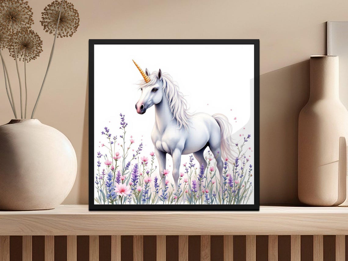 Magical White Unicorn in Lavender Watercolor Fantasy Art Poster