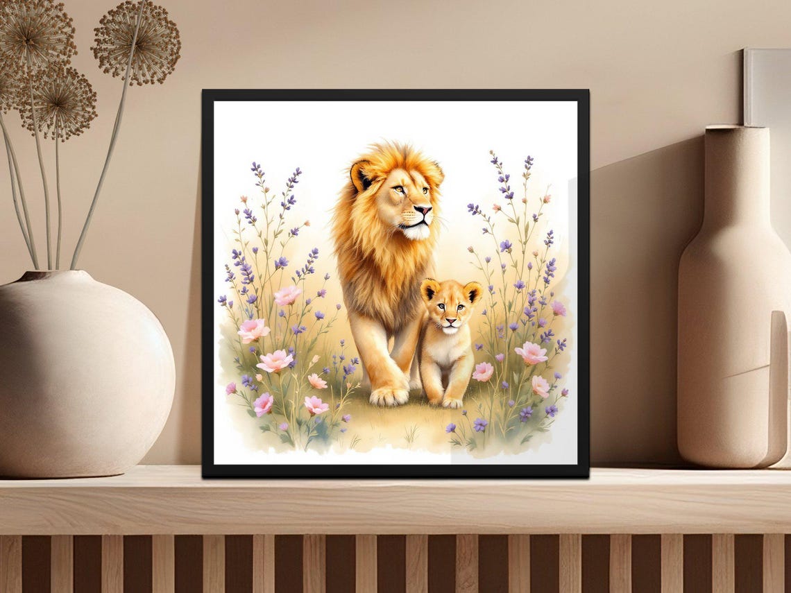 Lion and Cub Standing in Wildflowers Watercolor Nursery Art Poster - Image 3
