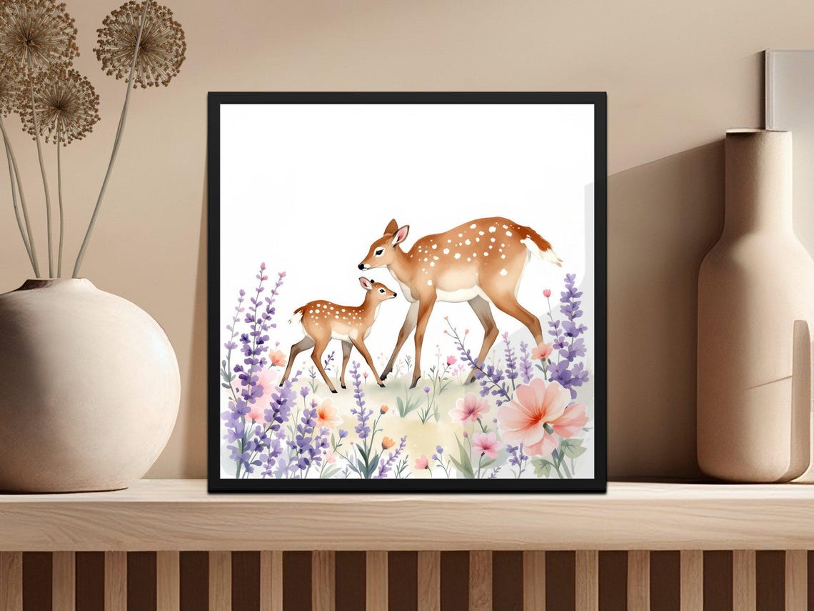 Mother Deer and Fawn in a Wildflower Field Watercolor Poster - Image 3