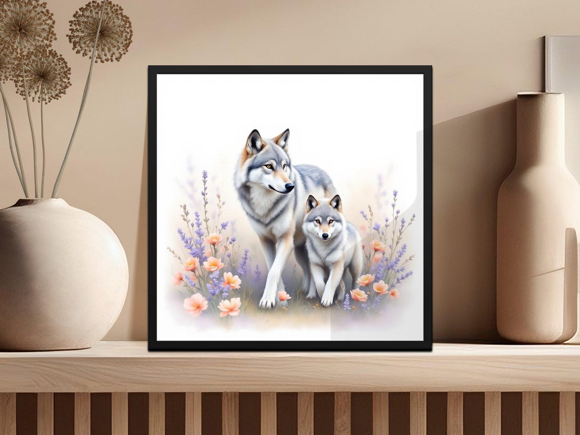 Wall Art Print Beautiful Wolf And Pup Watercolour Wall Art Wolf Family Floral Art Animal Art Print Wolf And Flowers Png - Image 3