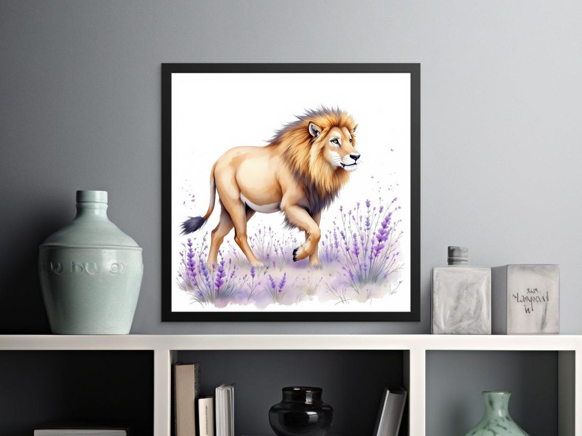 Majestic Lion Walking Through Lavender Watercolor Wildlife Poster - Image 2