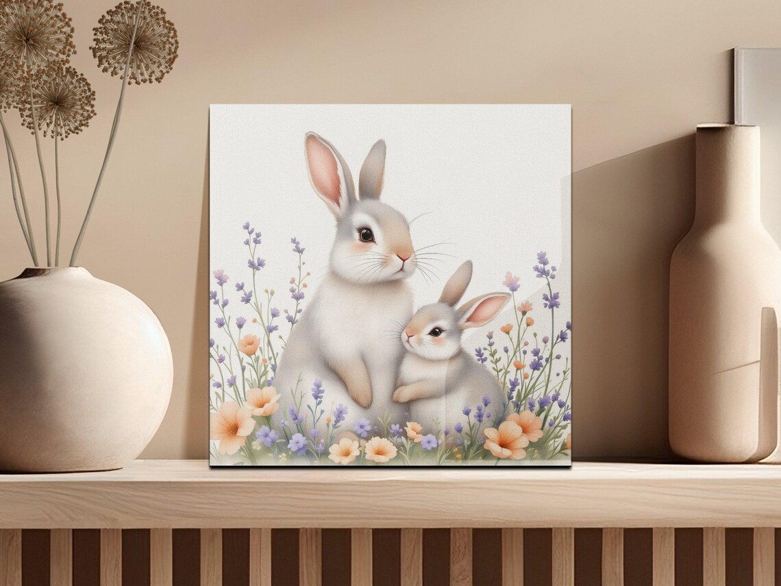 Mother Bunny and Baby Bunny in Wildflowers Watercolor Poster - Image 3