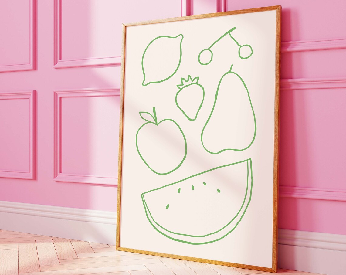 Minimal Fruit Line Art Green Kitchen Modern Food Doodle Poster
