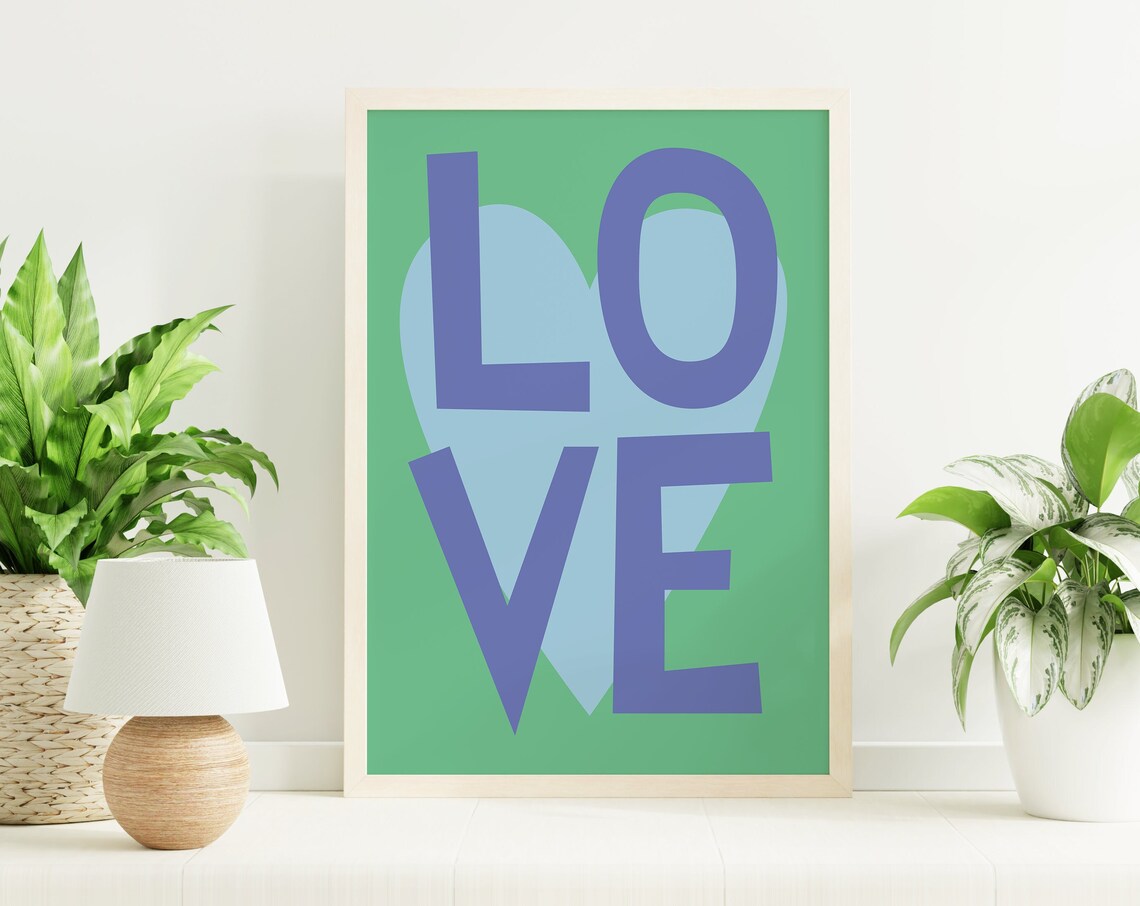 Love Typography Blue Letters Green Heart Inspirational Art Poster