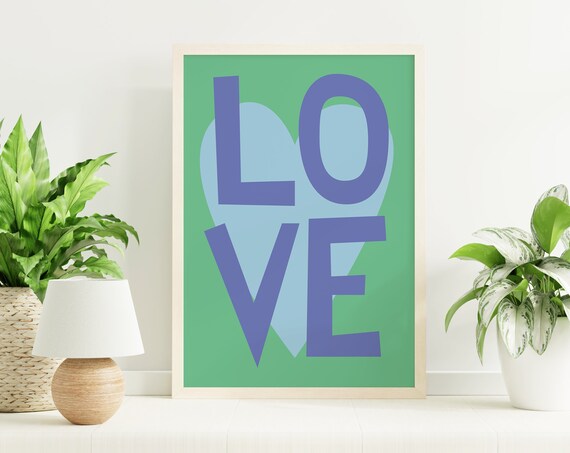 Love Typography Blue Letters Green Heart Inspirational Art Poster