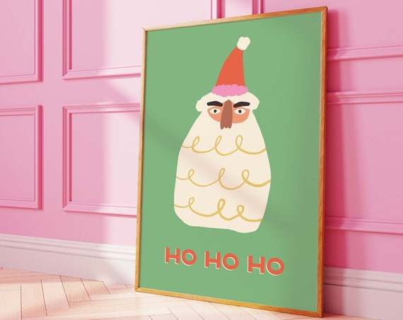 Santa Print Art Cute Christmas Decor Boho Holiday Wall Art Trendy Christmas Art Print