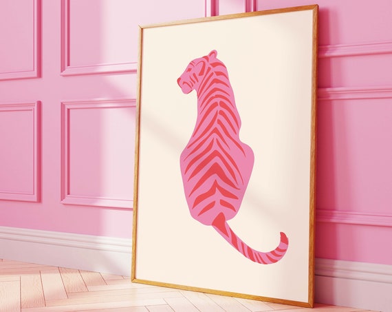Tiger Print Art Cute Pink Red Animal Print Retro Wall Art Trendy Maximalist Wall Art College Dorm Decor