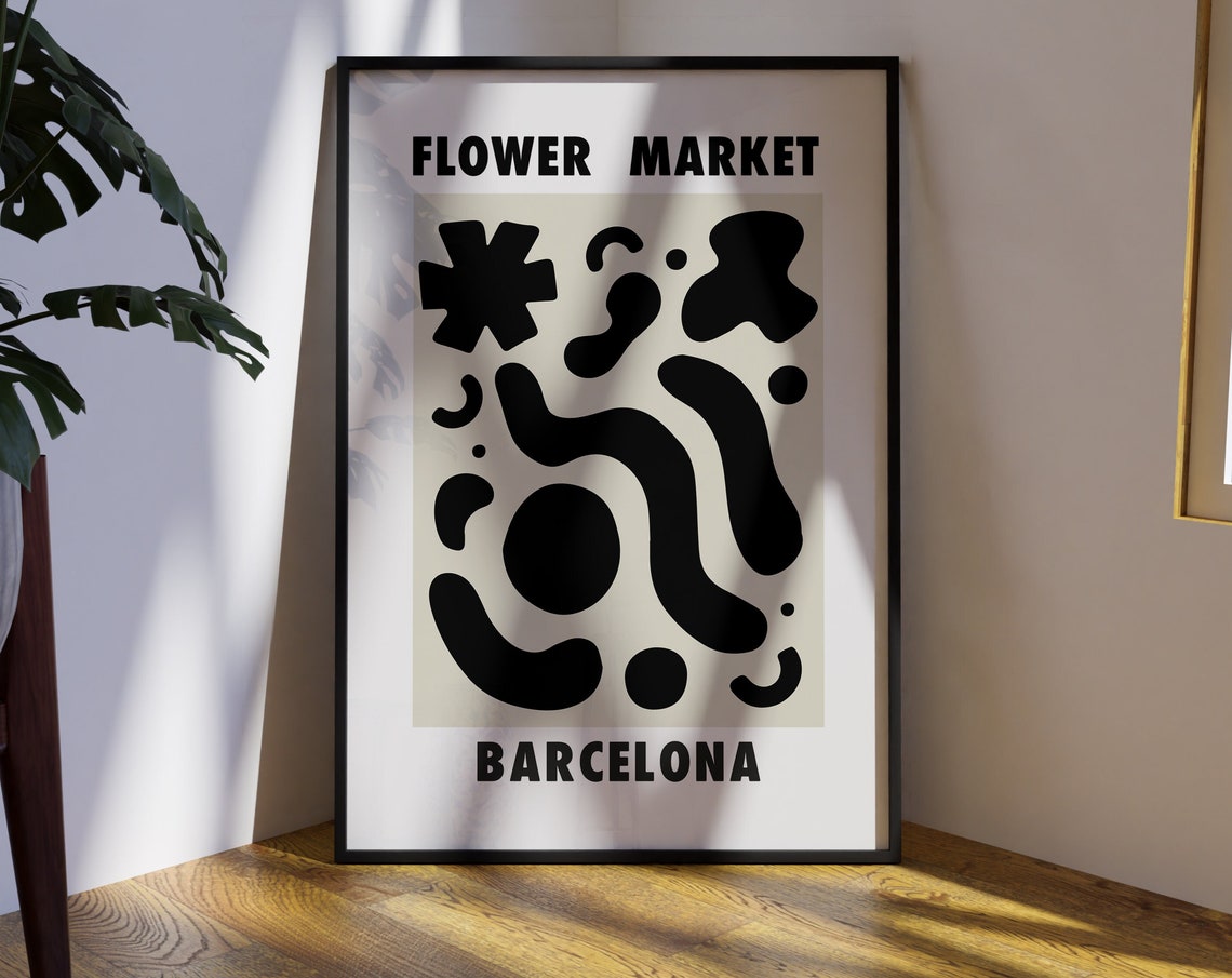 Barcelona Flower Market Flower Market Print Flower Market Poster Floral Wall Art Black And Beige Wall Art Flower Shapes Print