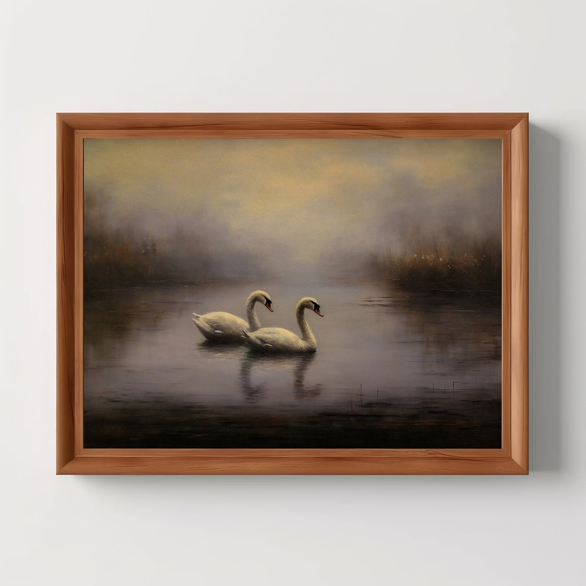 Two White Swans on Misty Autumn Lake Moody Nature Painting Poster