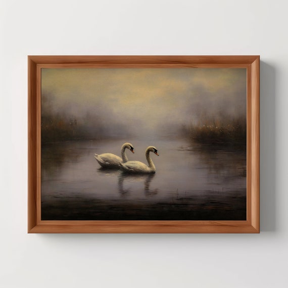 Swan Painting Moody Landscape Print Vintage Art Dark Autumn Decor Muted