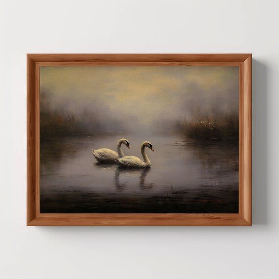 Two White Swans on Misty Autumn Lake Moody Nature Painting Poster