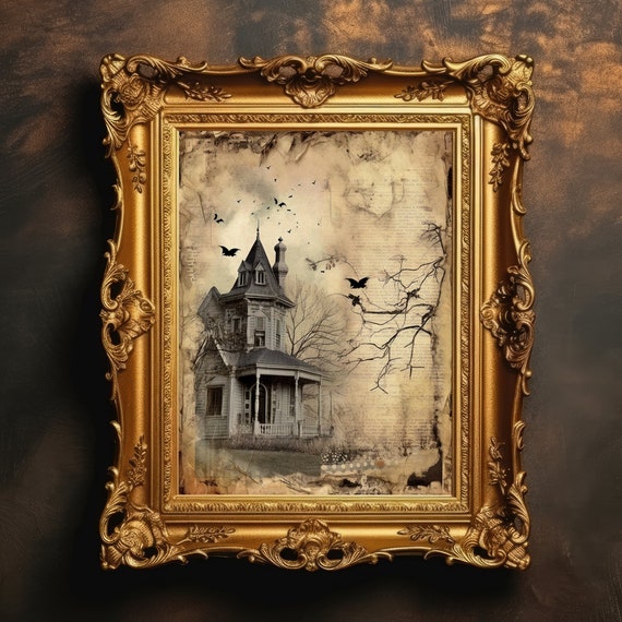 Haunted House Journal Newspaper Print Halloween Home Decor Dark Academia Spooky Horror Art Moody Wall